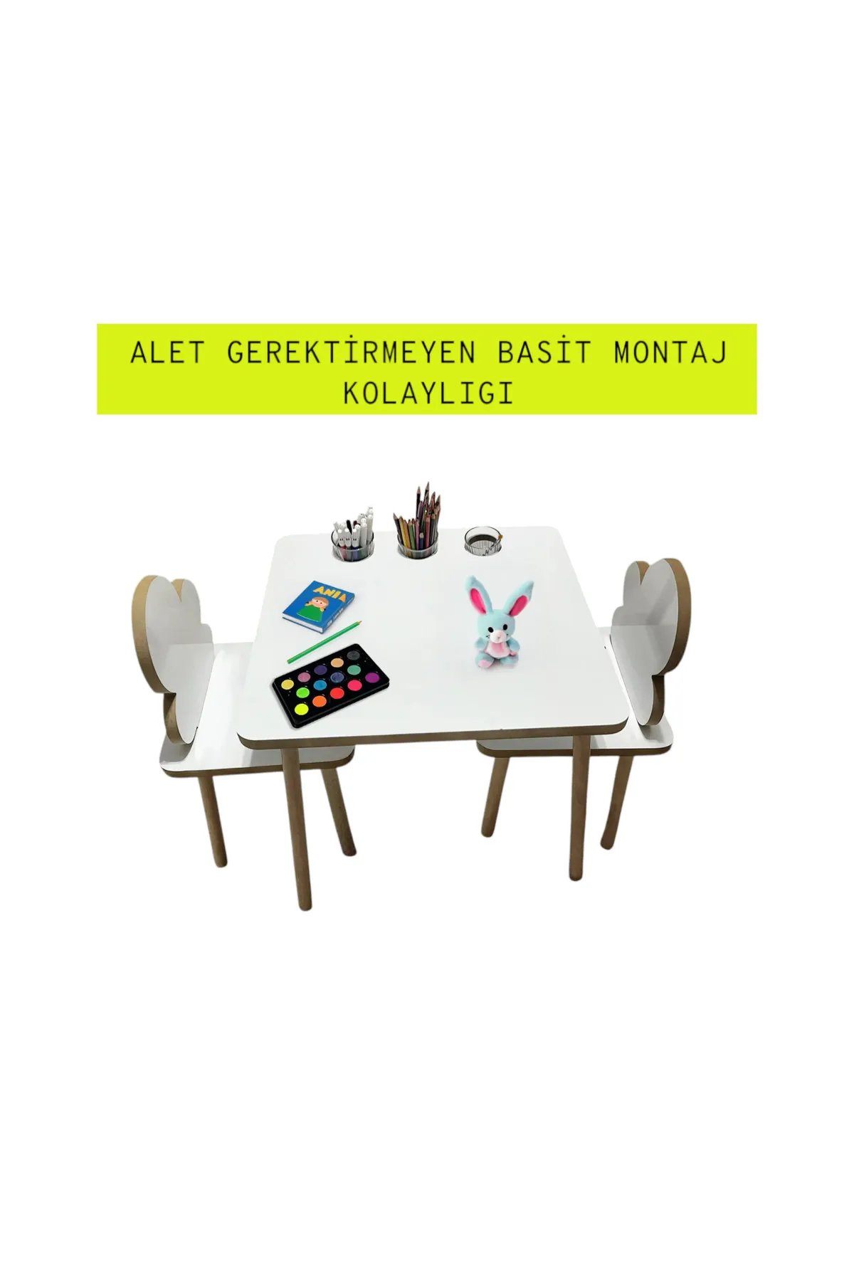 ÇOCUK ÇALIŞMA MASASI 1 MASA 2 SANDALYE - BARDAK VE KALEMLIK HAZNELI