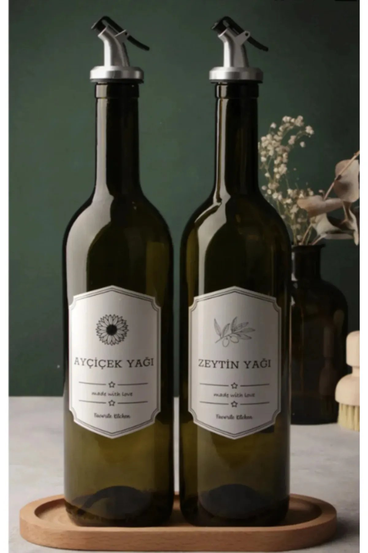 Ahşap Standlı Etiketli Amber 2'li 750 ml Zeytinyağı Sıvıyağ Şişesi- Ahşap Standlı Etiketli Amber 2'li 750 ml Zeytinyağı Sıvıyağ Şişesi-