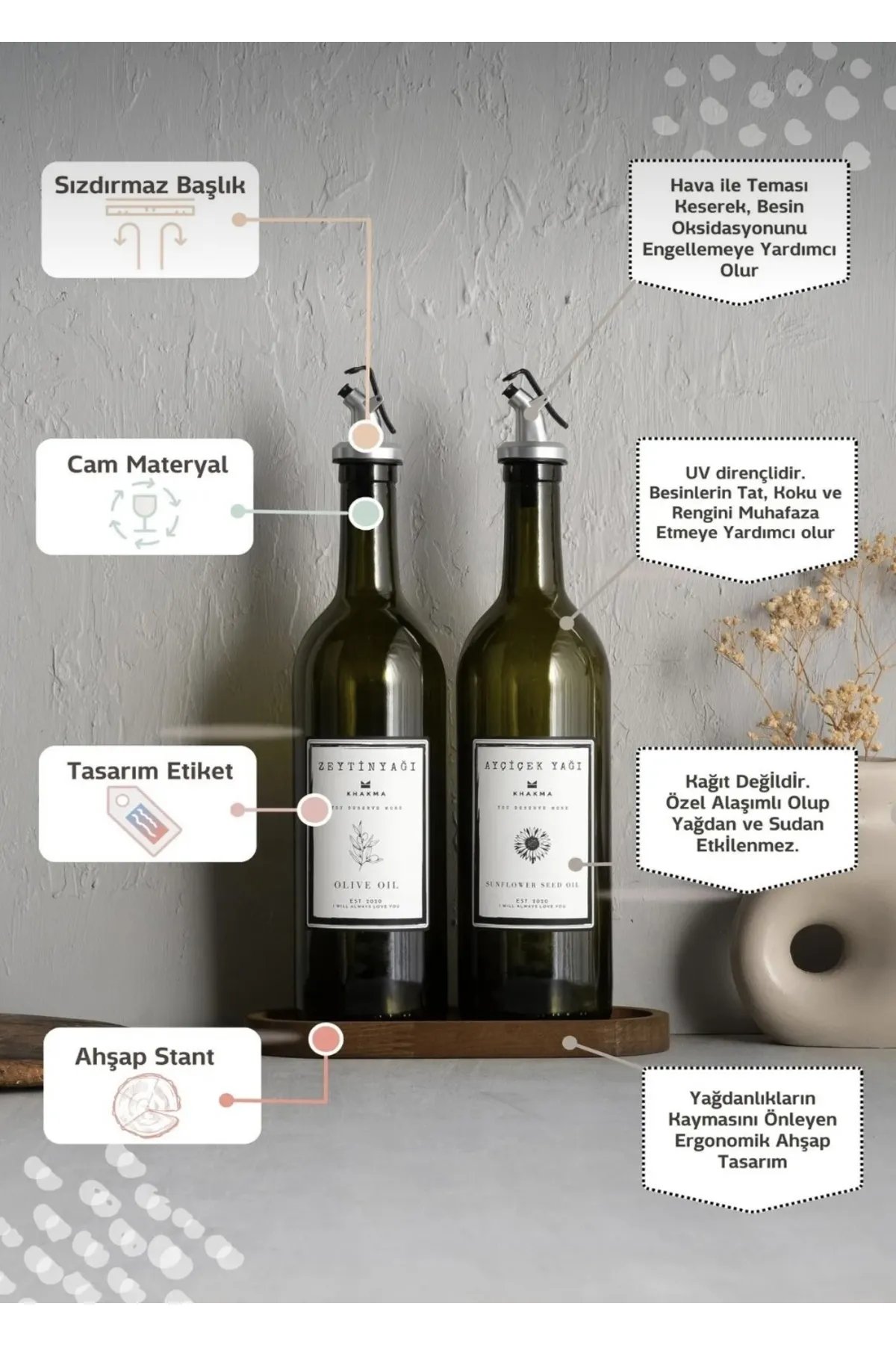 Ahşap Standlı Etiketli Amber 2'li 750 ml Zeytinyağı Sıvıyağ Şişesi- Ahşap Standlı Etiketli Amber 2'li 750 ml Zeytinyağı Sıvıyağ Şişesi-