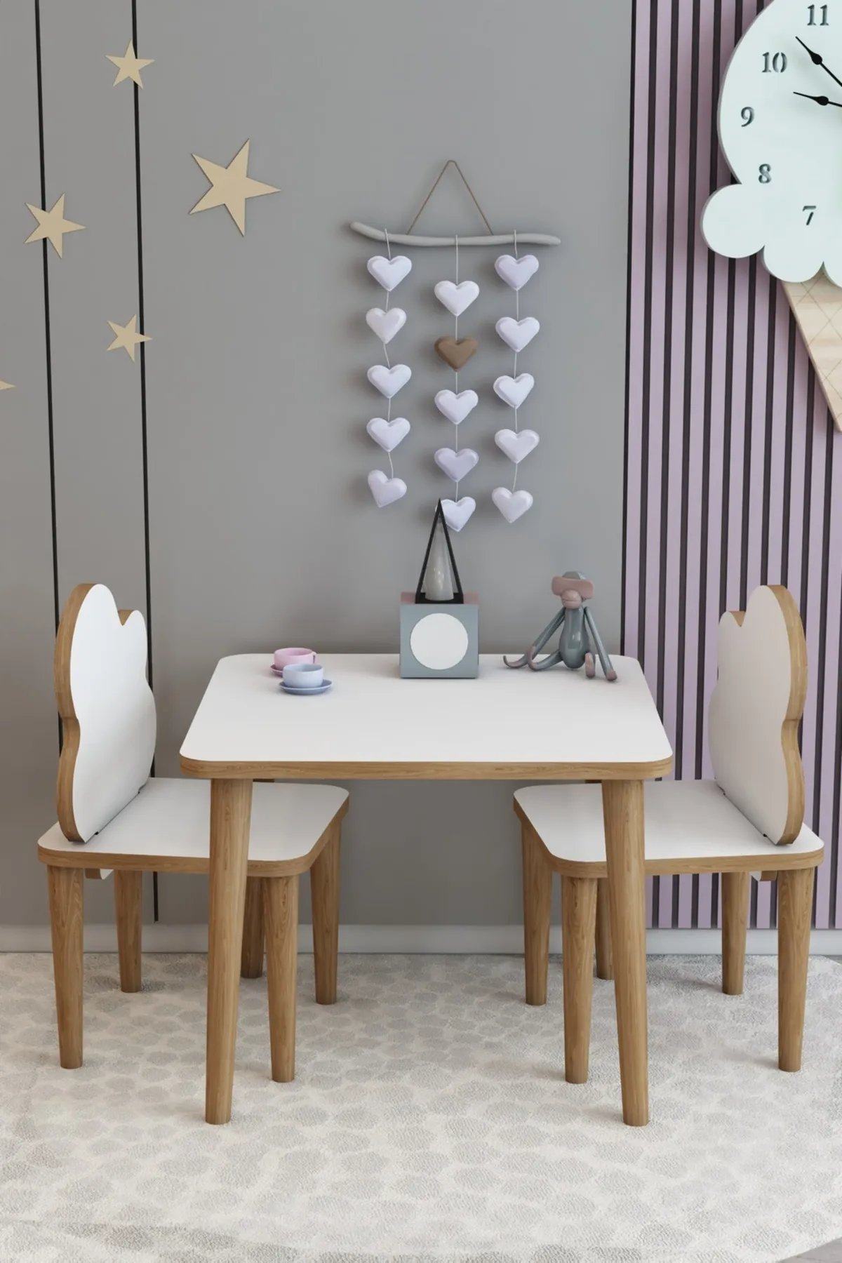 Yaz Sil Yüzey Ahşap Çocuk Masa Sandalye Takımı 2 Sandalye 1 Masa Ahşap Konik Ayak