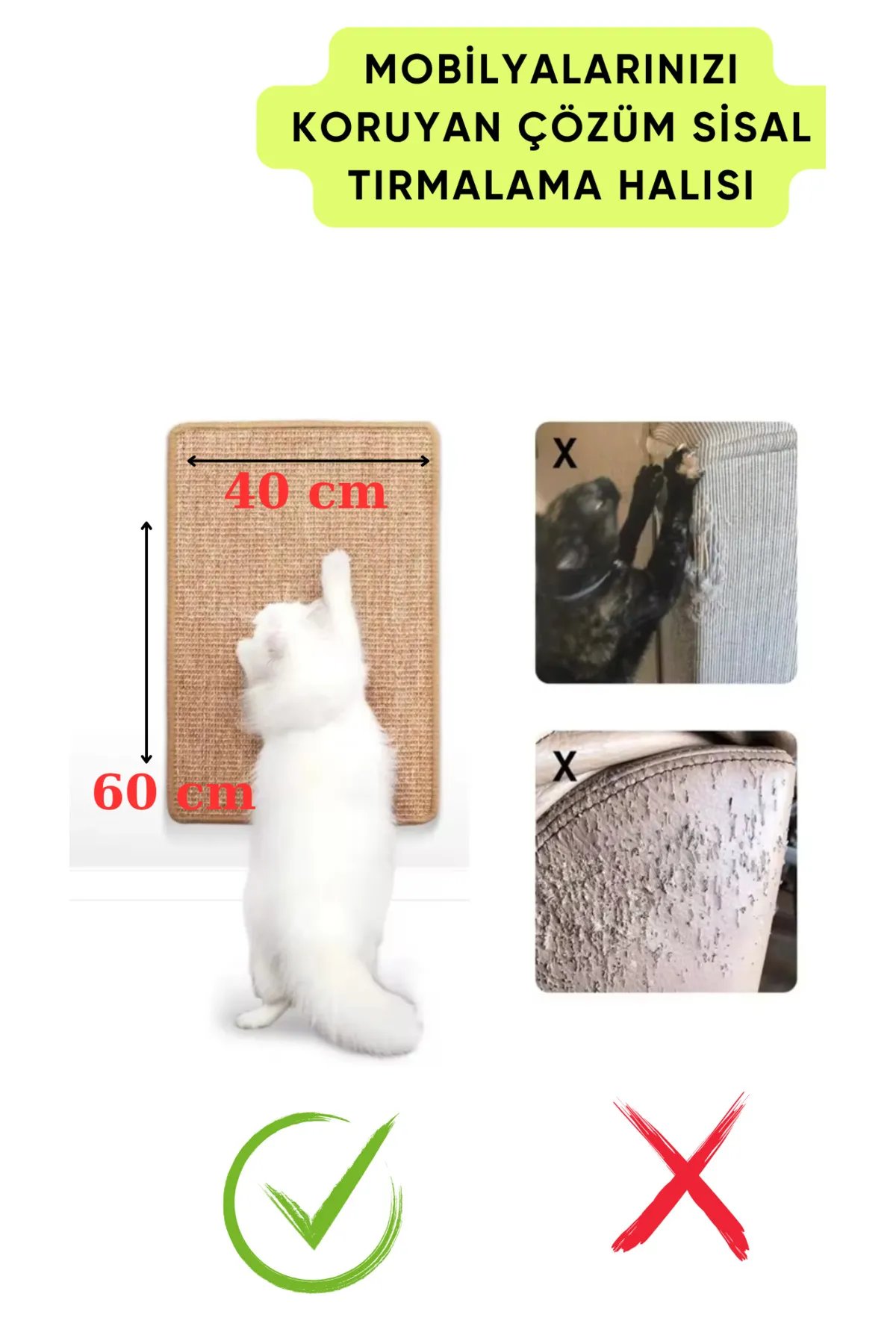 Doğal Sisal Kedi Tırmalama Matı 60x40 Cm Kedi Otlu Duva Zemin Mobilya Uyumlu Çok Yönlü Kullanım