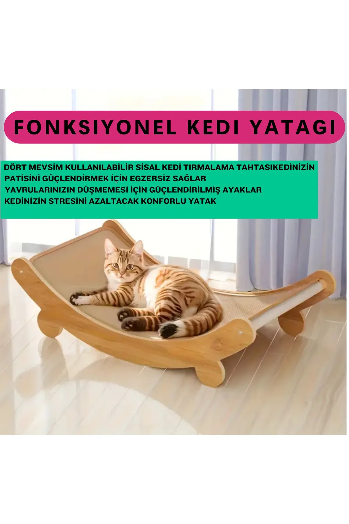 Doğal Sisal Kedi Tırmalama Yatağı - Sisal Halı Tırmalama Kolay Montaj Ahşap Yatak